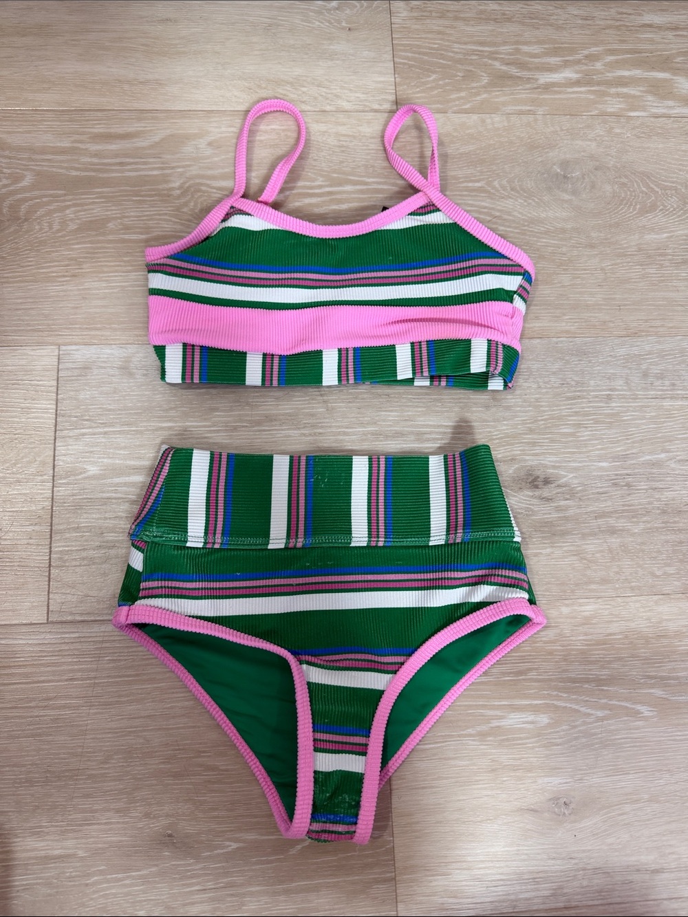 Beach Riot Green & Pink Striped Girls' Two-Piece Bikini
